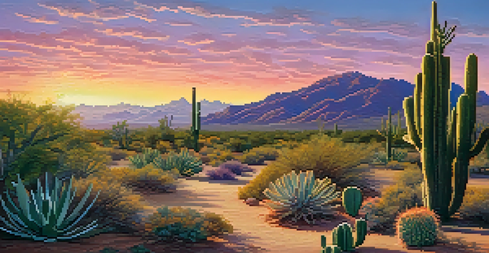 A peyote cactus in a desert landscape at sunset, surrounded by other plants and mountains in the background.
