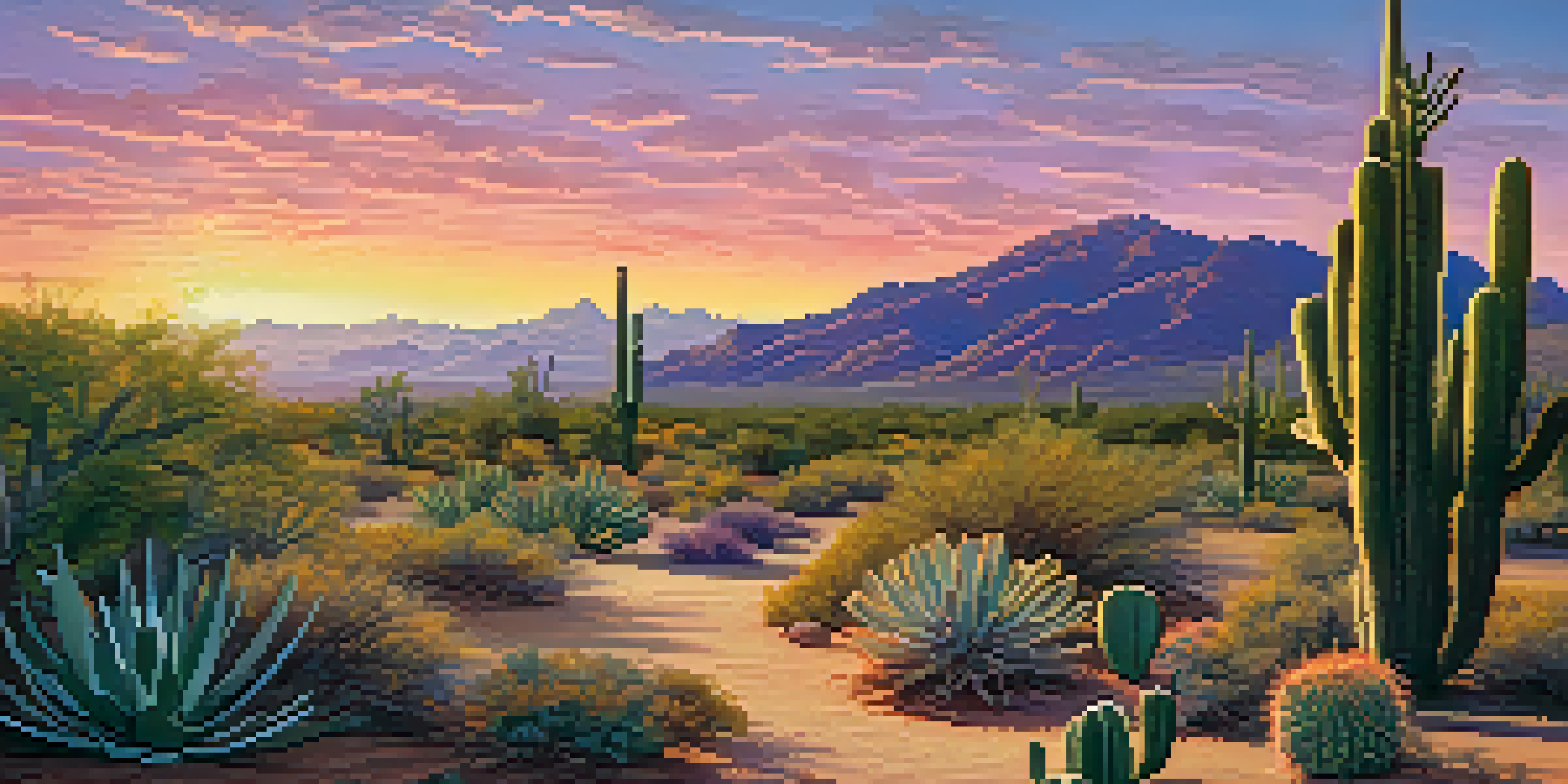 A peyote cactus in a desert landscape at sunset, surrounded by other plants and mountains in the background.