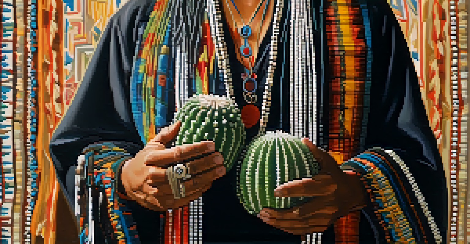 A close-up of a Two-Spirit individual holding a peyote cactus, showcasing their intricate clothing and a ceremonial background.