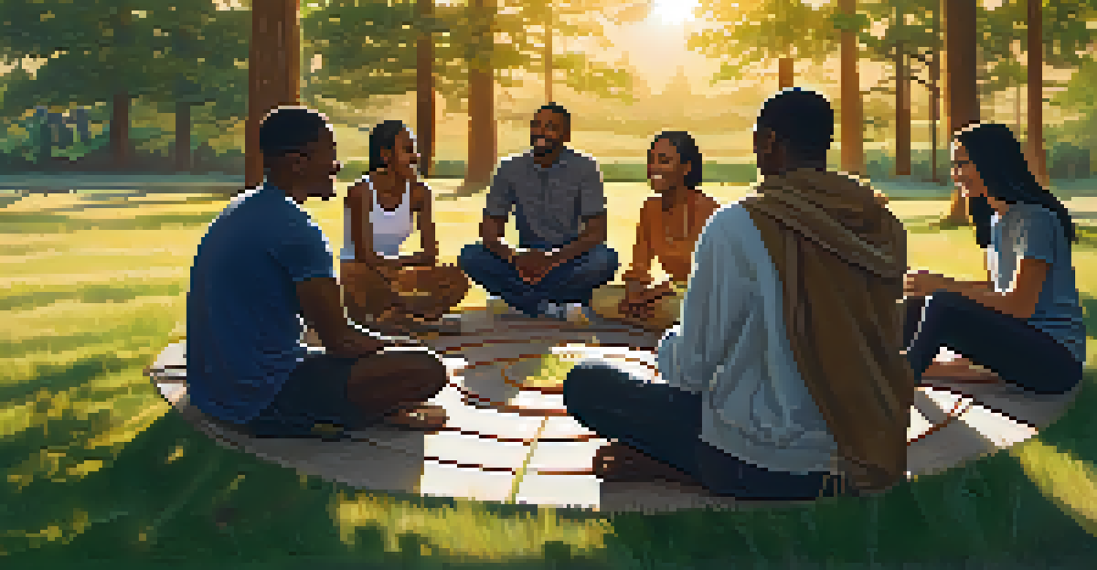 A diverse group of people sitting in a circle sharing experiences, with a warm sunset in the background.