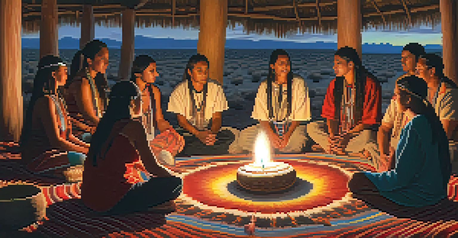 A group of Native Americans in a peyote ceremony, sitting in a circle with ceremonial items and candlelight.