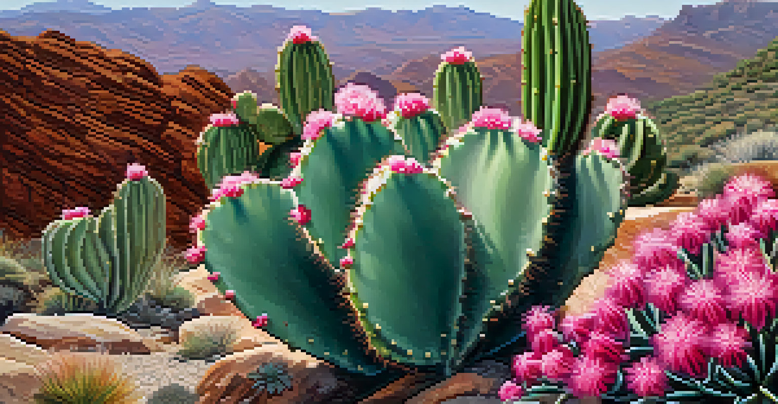 Close-up of a peyote cactus with pink flowers against a rocky terrain.