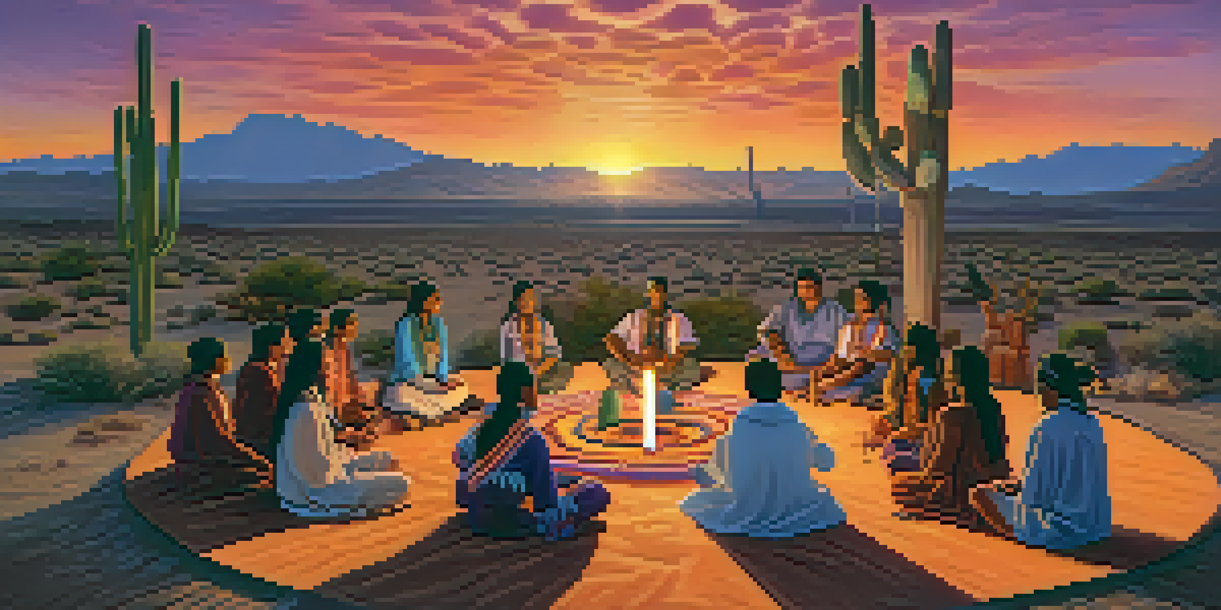 A group of people participating in a Peyote ceremony at sunset, with a colorful sky and an altar adorned with traditional artifacts.