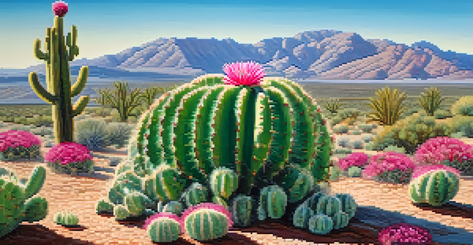 A close-up view of a peyote cactus with pink flowers against a blurred desert background.