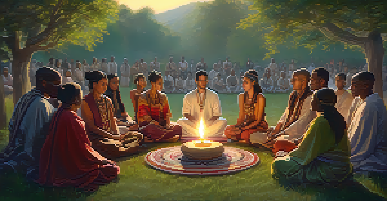 A group of people in traditional attire participating in a spiritual ceremony in a natural setting, surrounded by candles and nature.