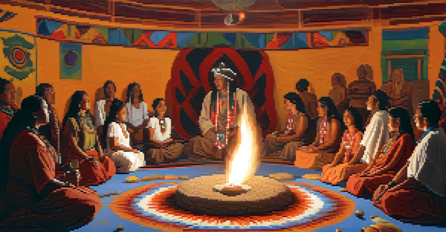 Indigenous healer leading a peyote ceremony with participants seated in a circle around a central fire, illuminated by candlelight.