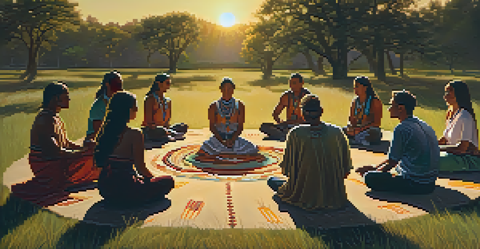 A group of people in a circle during a peyote ceremony, with warm sunlight illuminating their faces in a natural setting.