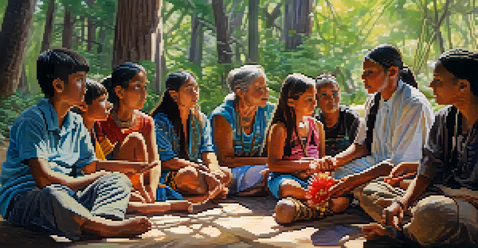 An elder sharing stories with young participants during a peyote ceremony, set in a lush natural environment with sunlight filtering through the trees, highlighting their engagement.