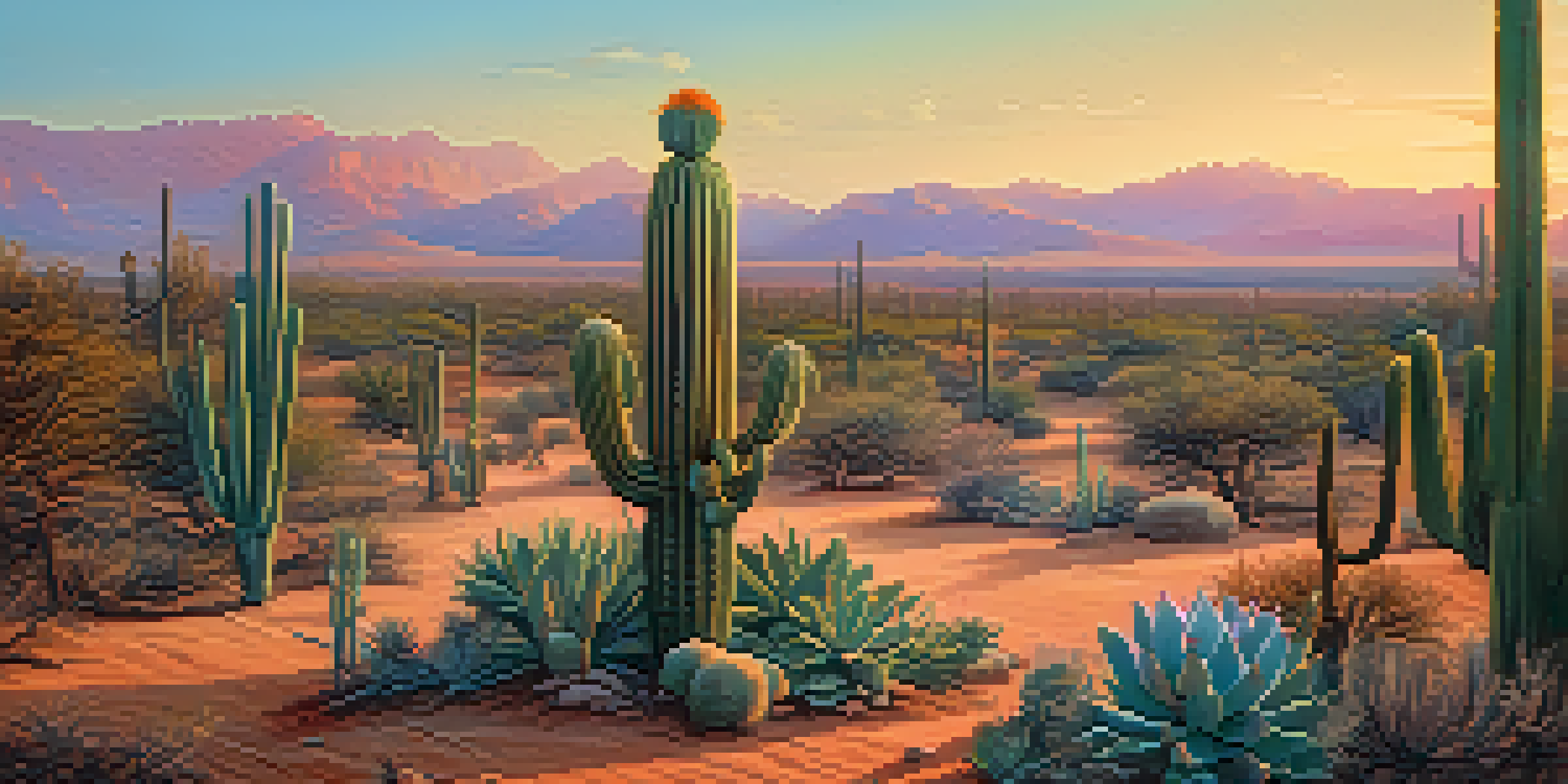 Indigenous harvesters in traditional clothing gathering peyote cacti in a desert at dawn, with a colorful sky and detailed landscape.