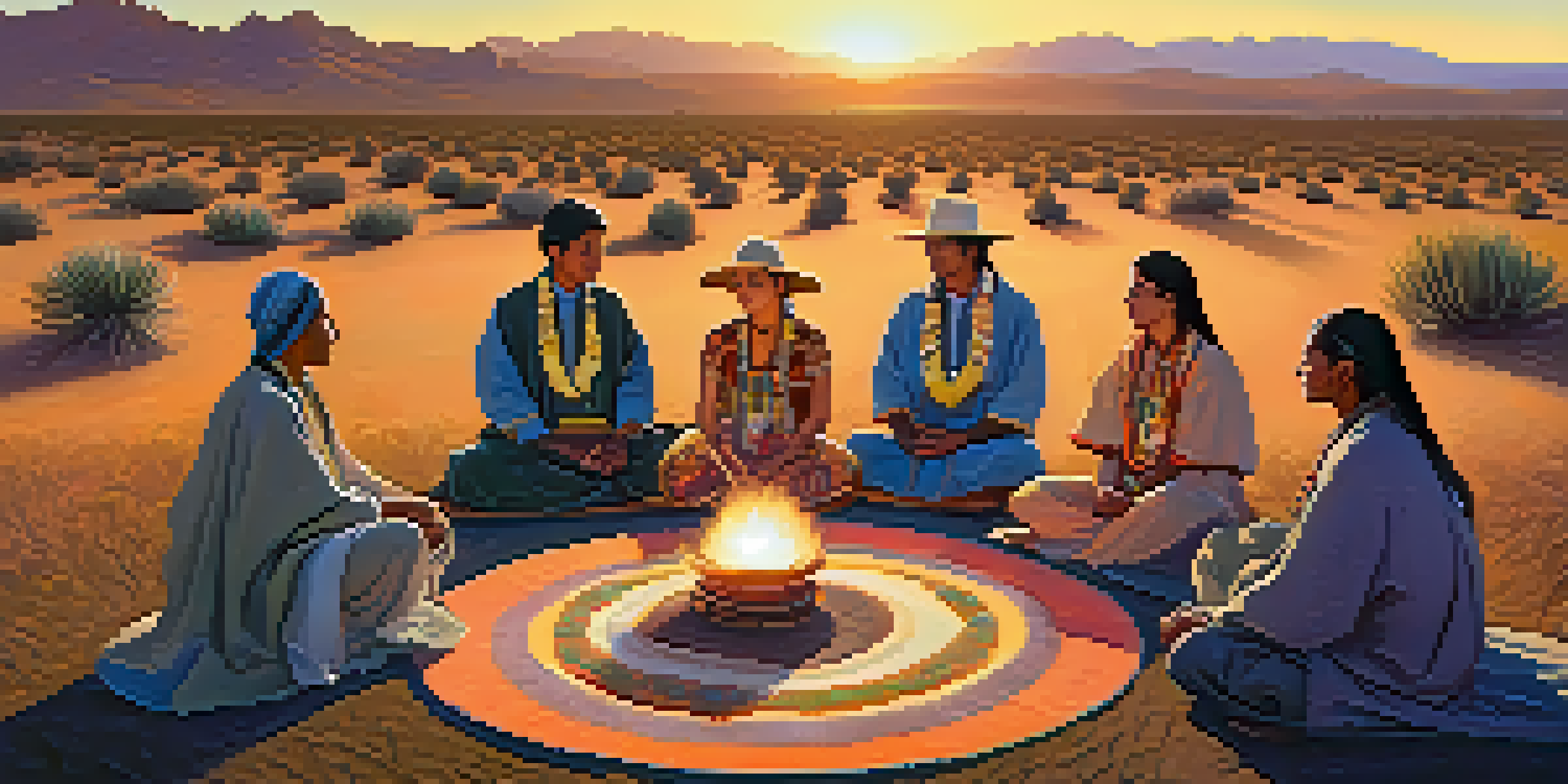 A peaceful peyote ceremony with participants sitting in a circle on grass, holding peyote cacti, surrounded by vibrant flowers and sage during sunset.