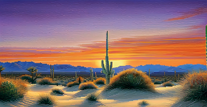 A tranquil desert scene with a peyote cactus in the foreground and a colorful sunset sky.