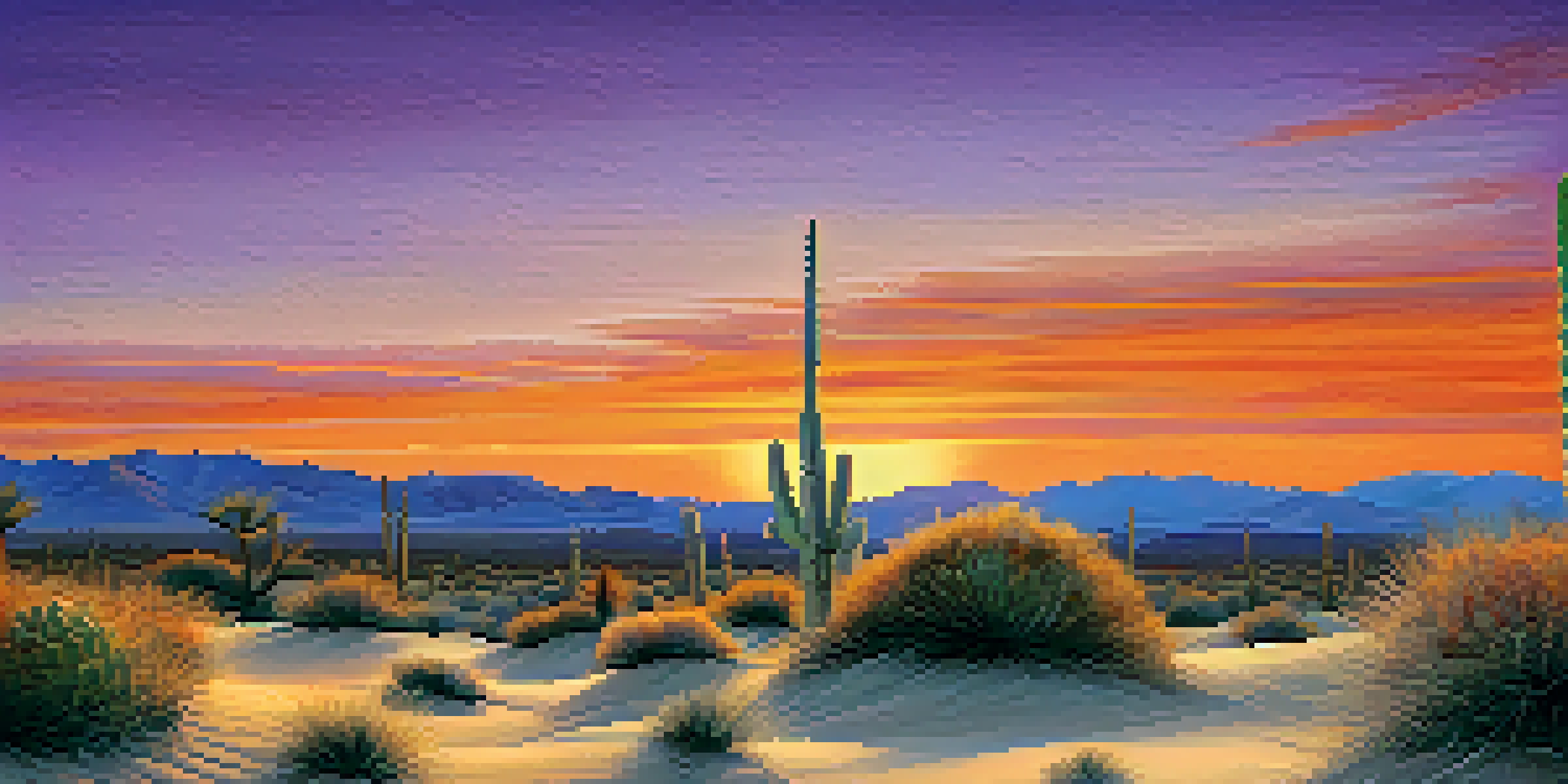 A tranquil desert scene with a peyote cactus in the foreground and a colorful sunset sky.