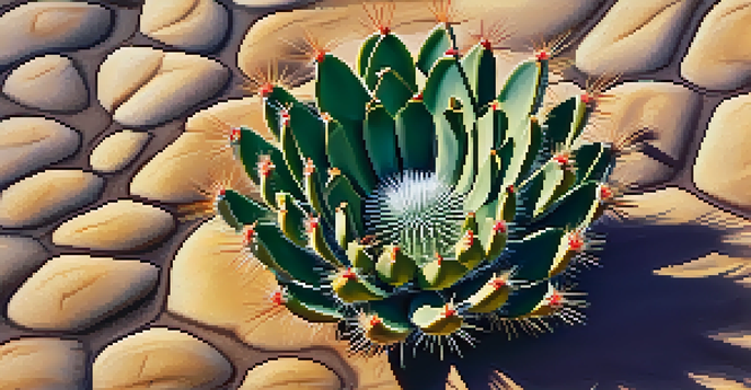 A close-up of a Peyote cactus in a sandy desert, showcasing its unique texture and vibrant colors with sunlight creating soft shadows.