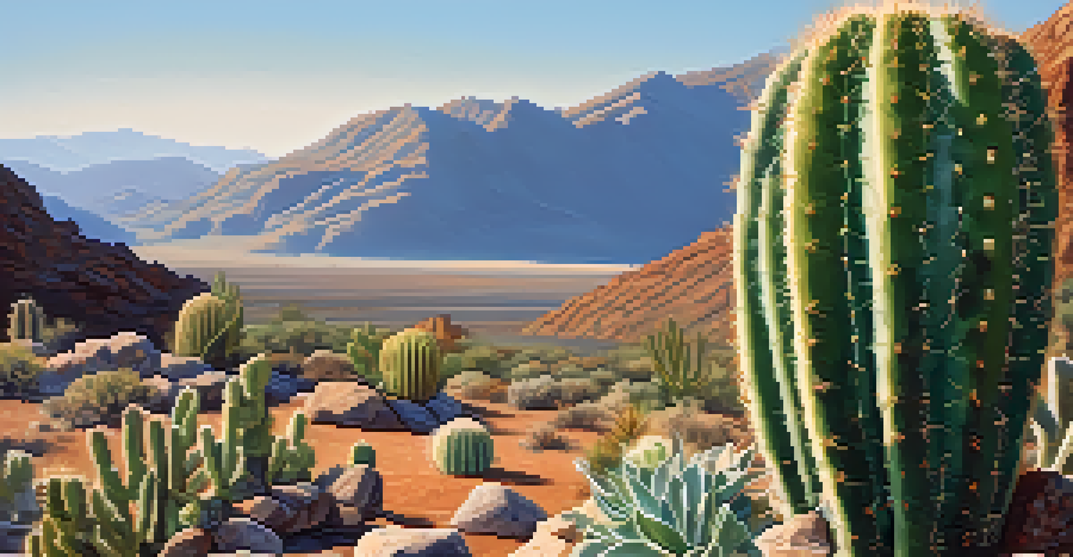 A mature Peyote cactus in its natural habitat with mountains and a blue sky in the background, illuminated by sunlight.
