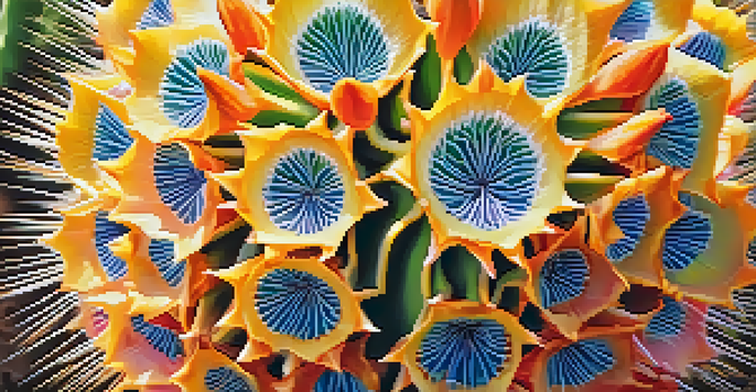 Close-up of a Peyote cactus showcasing its spines and vibrant colors, with a blurred desert background.