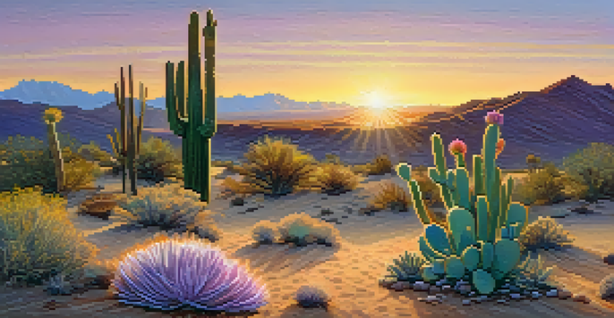 A small peyote cactus in a colorful desert landscape at sunset.