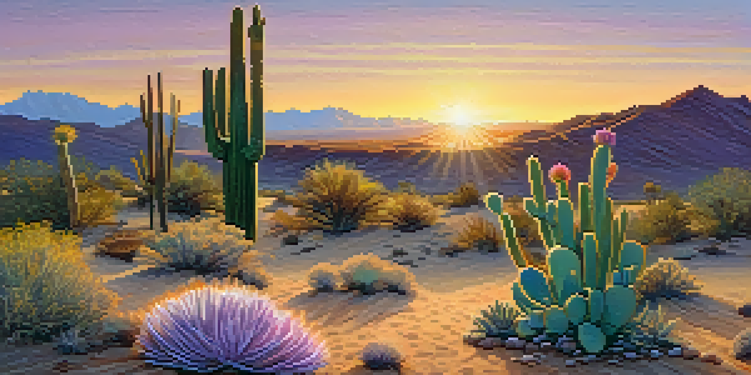 A small peyote cactus in a colorful desert landscape at sunset.