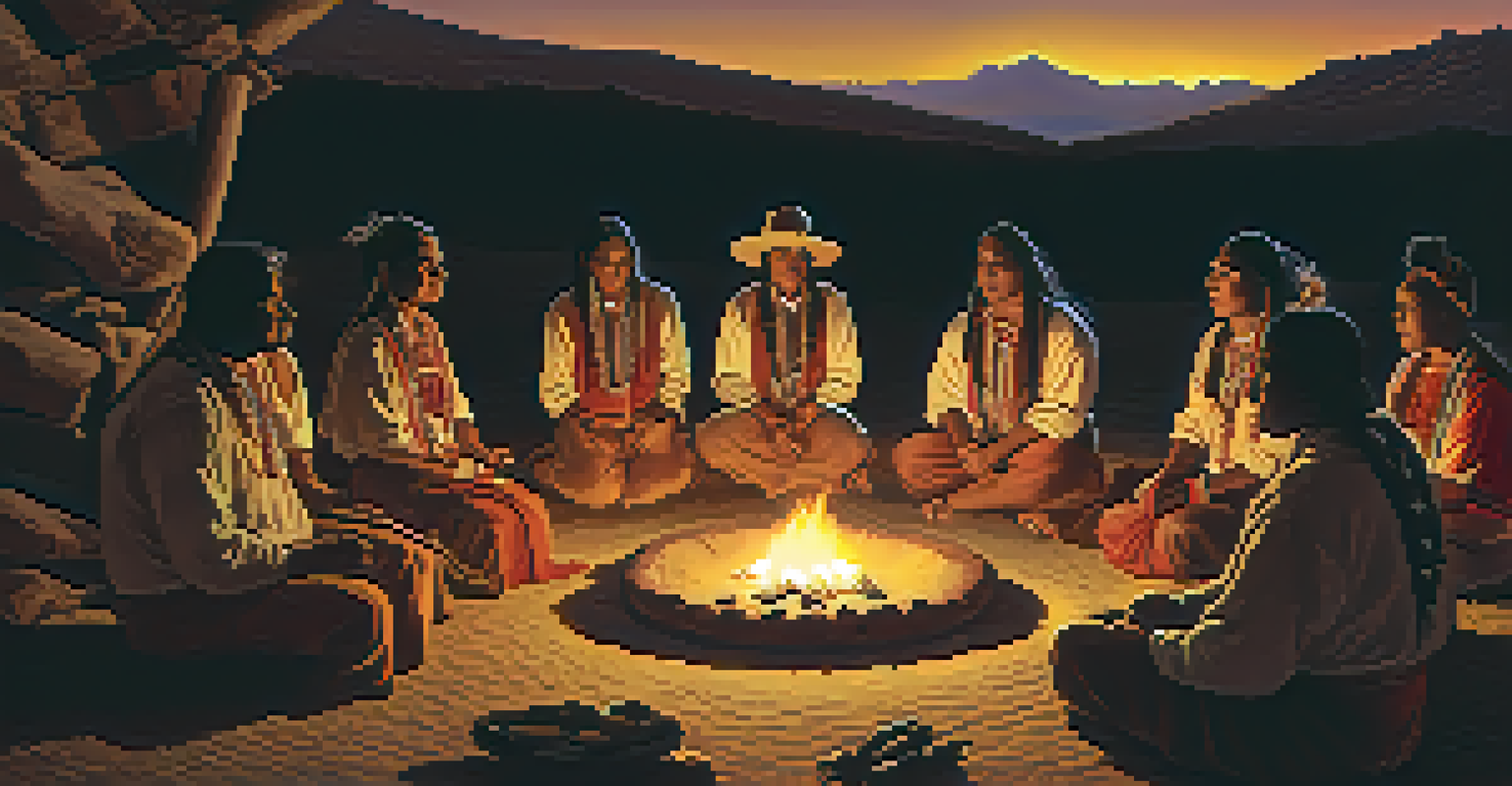 Participants gathered around a fire in a peyote ceremony, illuminated by firelight with a starlit sky above.