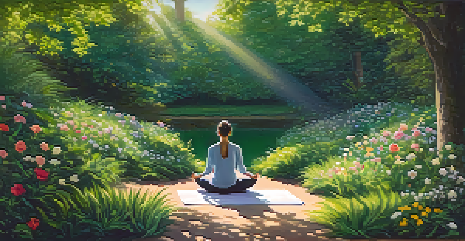 A person meditating in a peaceful natural setting filled with flowers and trees, illuminated by soft sunlight.