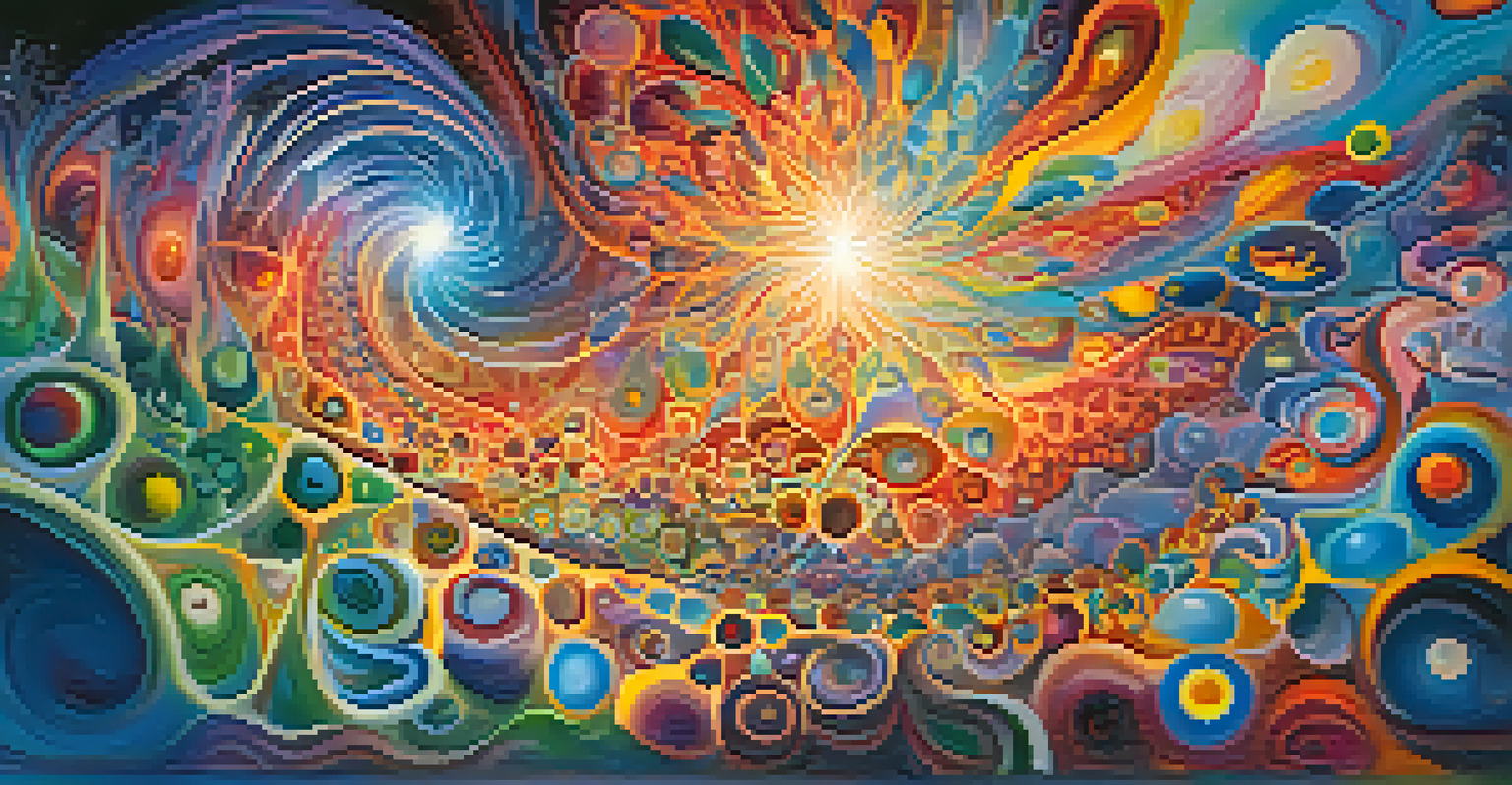 An abstract representation of a visionary experience, with vibrant colors and swirling shapes symbolizing connection to nature and the universe.