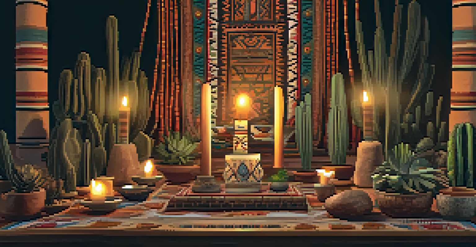 An Indigenous ceremonial altar adorned with peyote cacti, candles, and traditional artifacts in a softly lit setting.