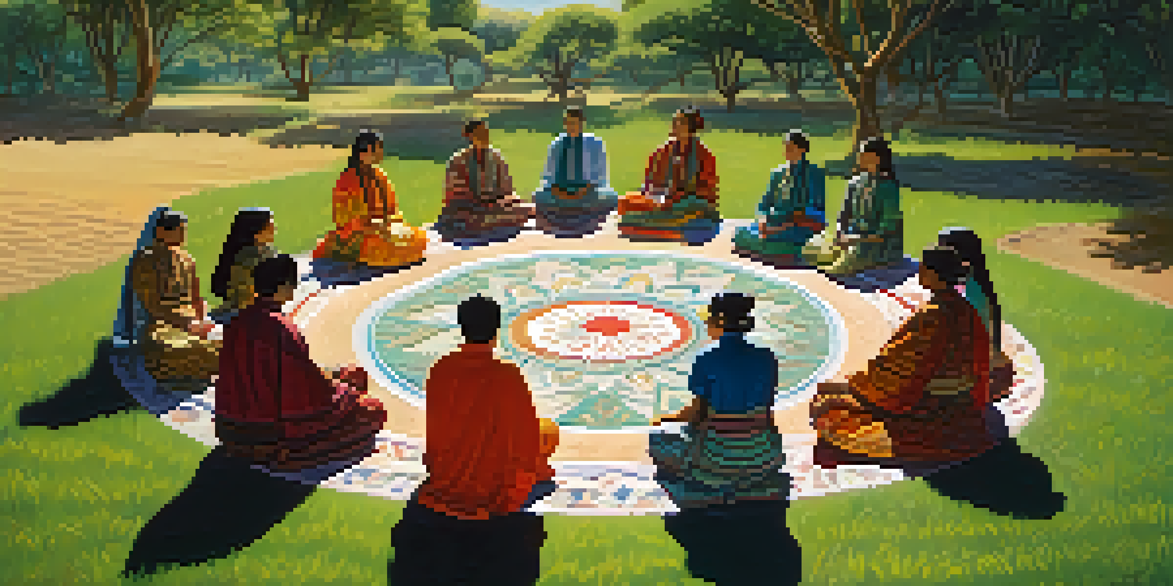 A peaceful outdoor gathering of diverse participants in a peyote circle, surrounded by nature and sunlight, sharing a moment of connection.