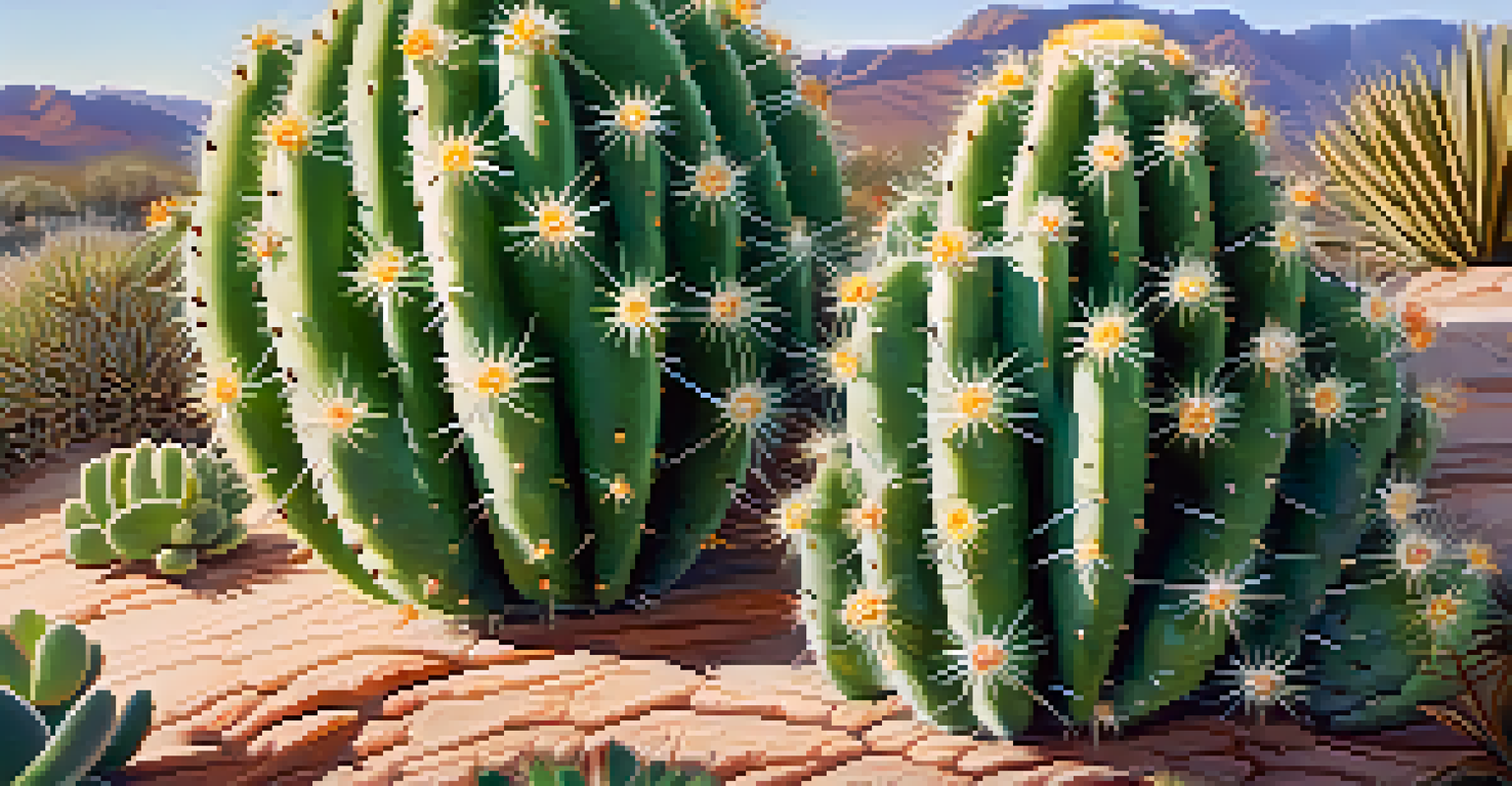 A close-up view of a peyote cactus with white flowers, showcasing its details against a blurred desert background.