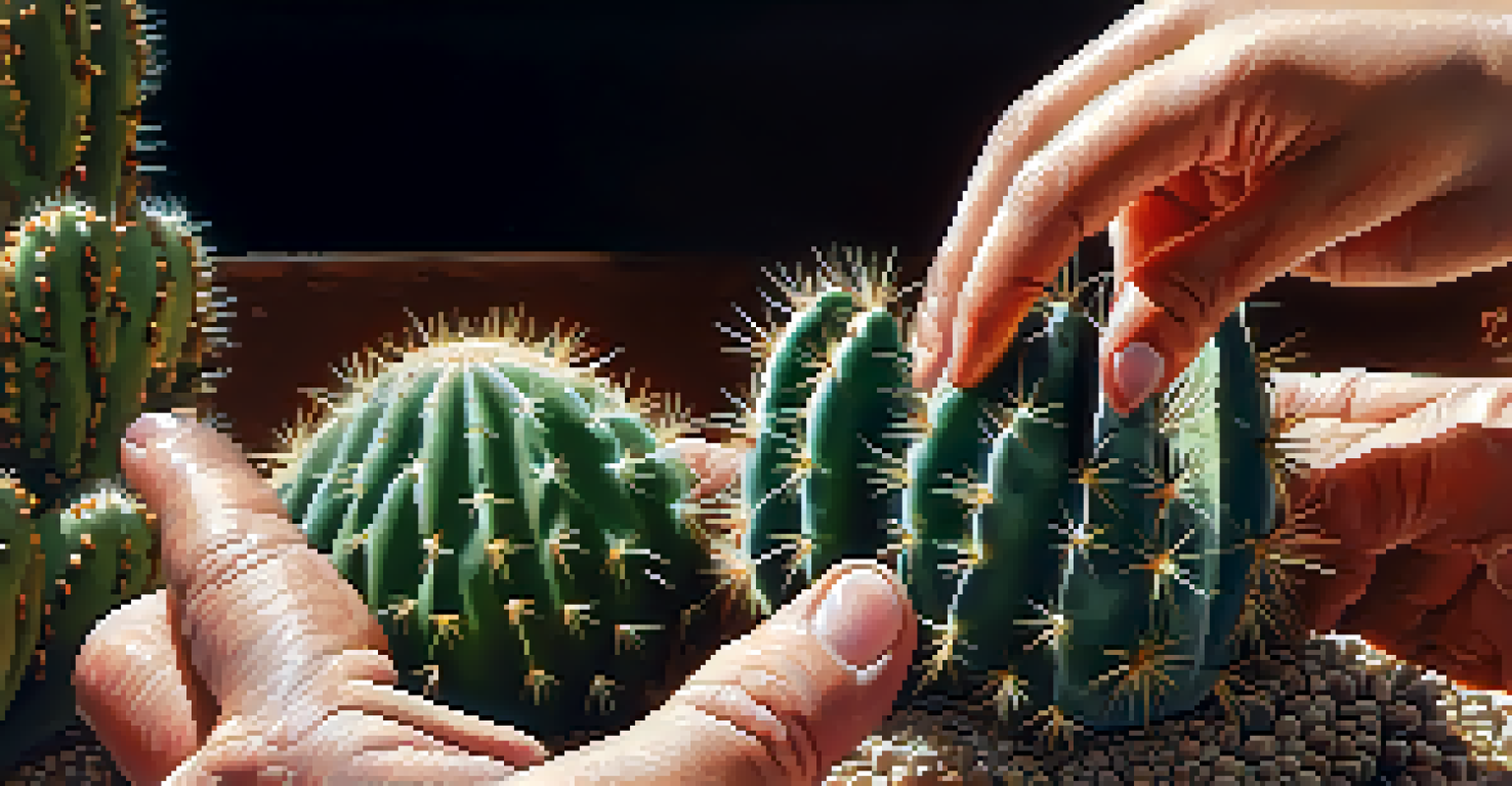 Hands carefully harvesting a peyote cactus, with a blurred background highlighting the textures.