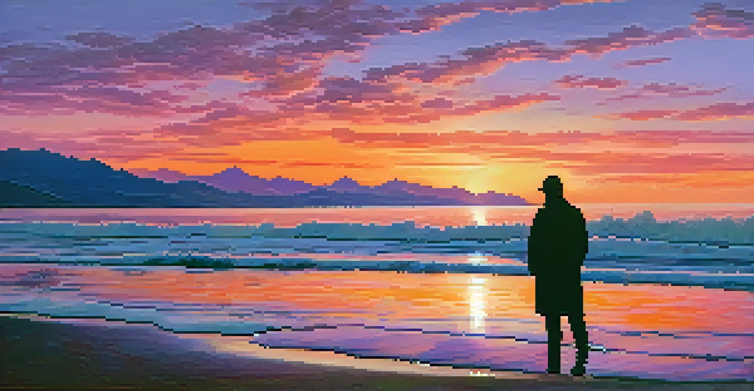A breathtaking sunset over the ocean with colorful sky and a figure standing by the shore.