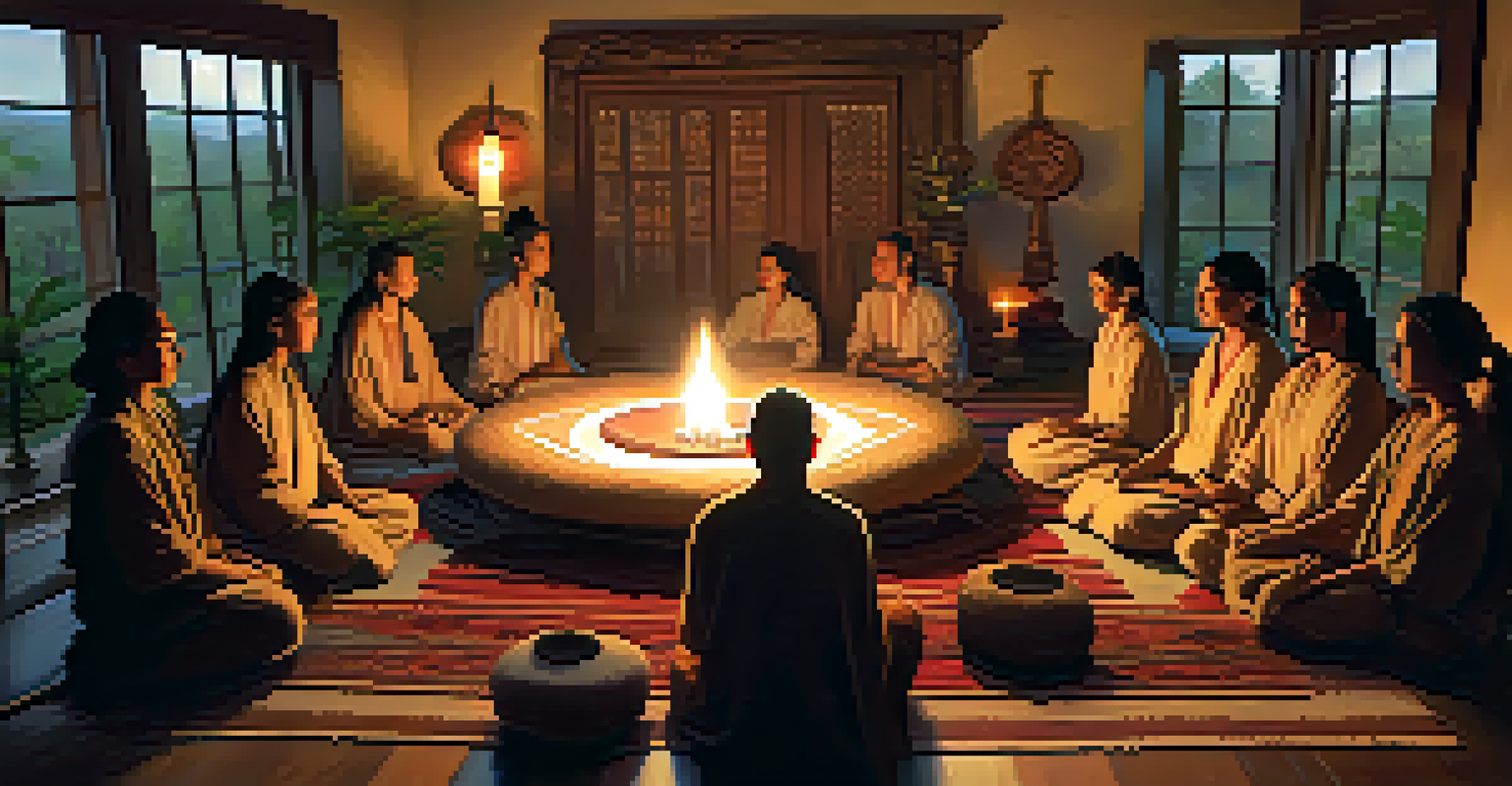 A warm candlelit room depicting a peyote ceremony with participants seated in a circle, surrounded by traditional items, highlighting a sense of community and spirituality.