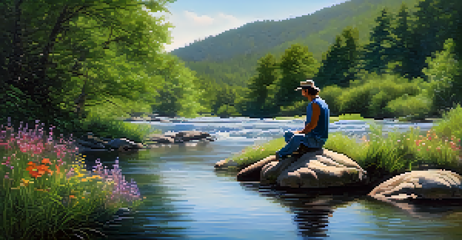 A person sitting on a rock by a flowing river, surrounded by greenery and flowers, illustrating tranquility and introspection.