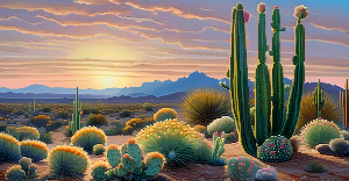 A vibrant peyote cactus in a serene desert landscape at dawn, with soft golden light and distant mountains in the background.