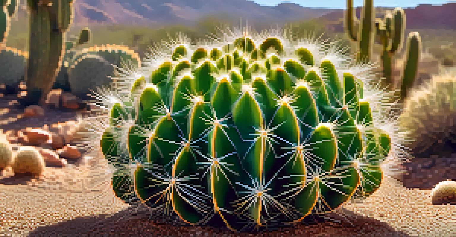 A close-up of a peyote cactus, showcasing its texture and vibrant green color amidst a soft-focus desert background.