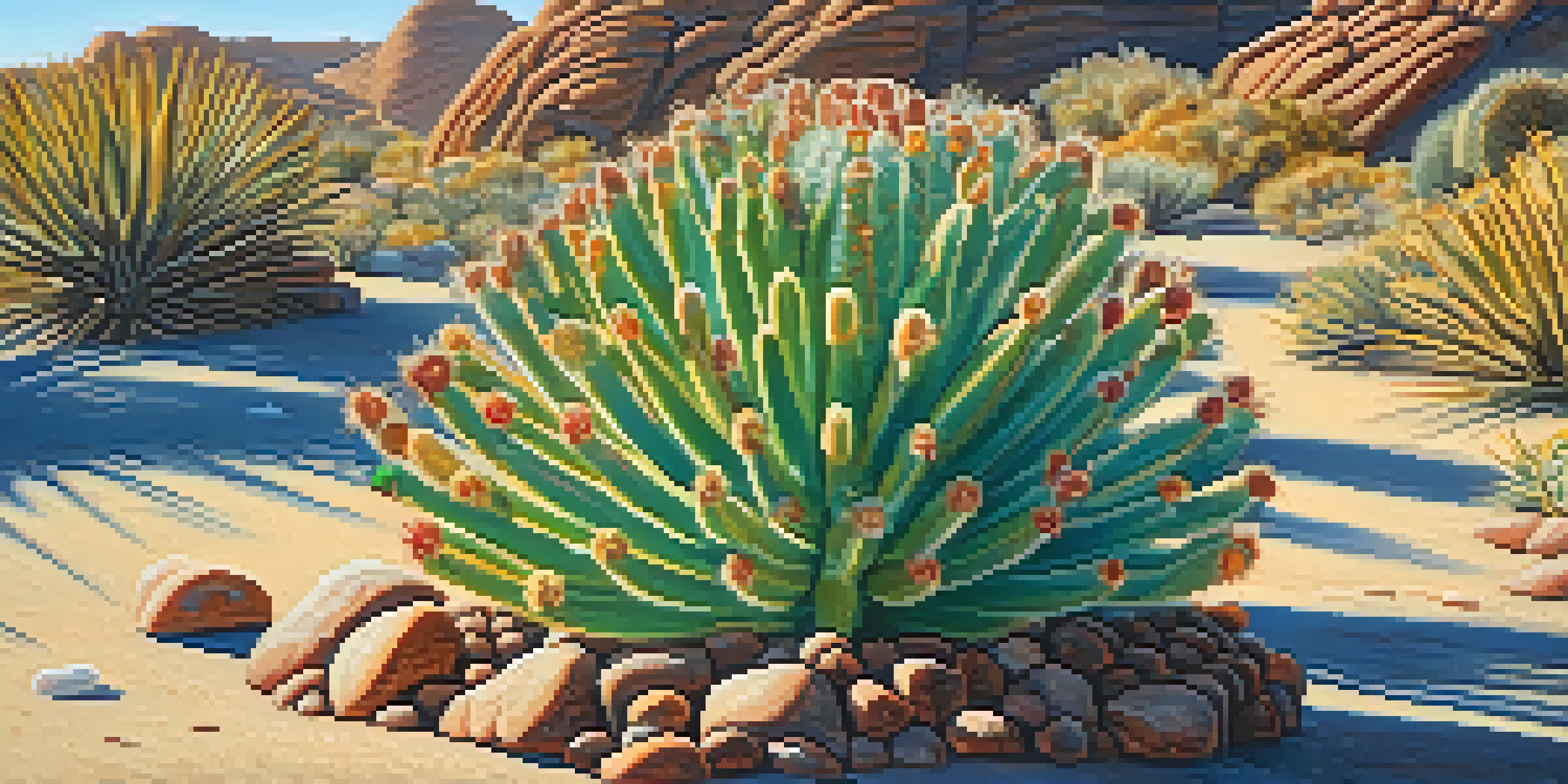 A close-up view of a peyote cactus with detailed textures and patterns, illuminated by sunlight against a blue sky.