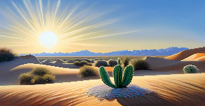 A peaceful desert landscape featuring a blooming peyote cactus in the foreground, with golden sand dunes and a clear blue sky in the background.