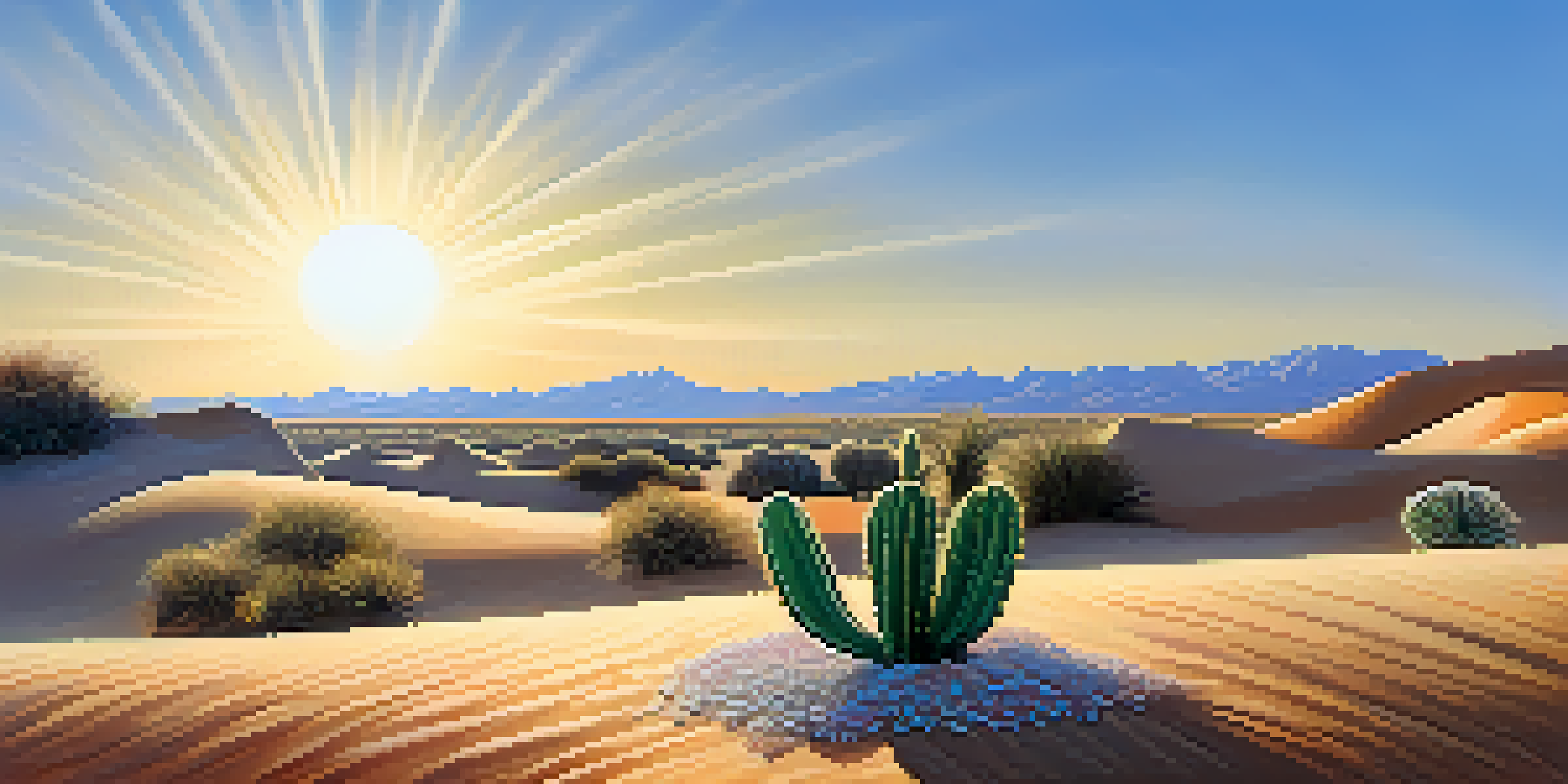 A peaceful desert landscape featuring a blooming peyote cactus in the foreground, with golden sand dunes and a clear blue sky in the background.