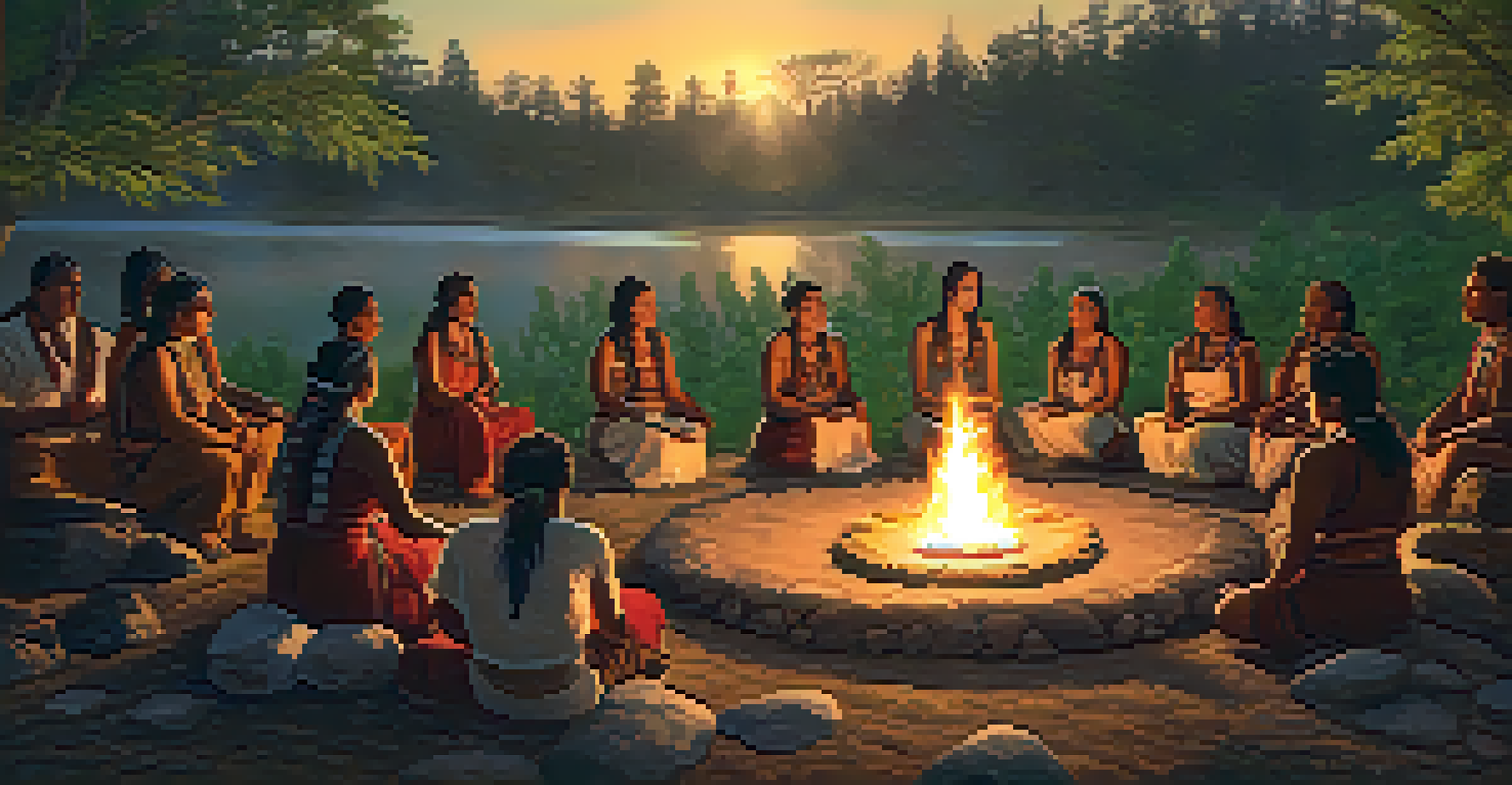 An Indigenous healing ceremony with participants gathered around a fire, engaged in singing and storytelling in a natural setting.