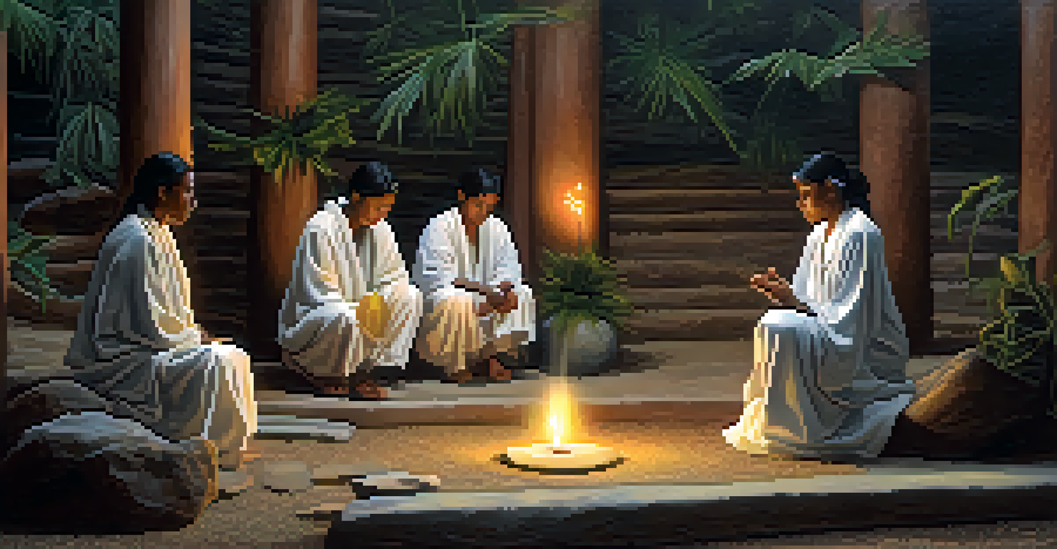 A warm, intimate gathering of mourners sharing their feelings during a peyote ritual in a dimly lit, nature-inspired setting.