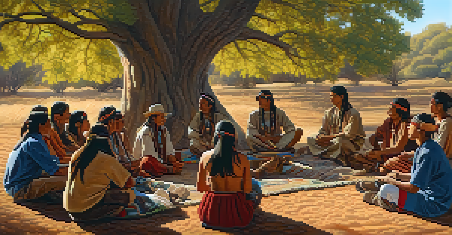 A group of Native American harvesters sharing traditional knowledge under a tree, with soft afternoon light.