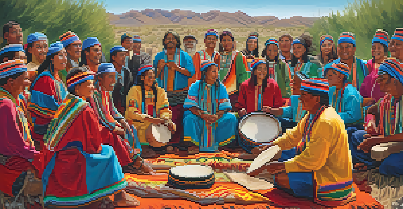 A diverse group of people singing and drumming in a community gathering celebrating peyote traditions, with colorful banners in the background.