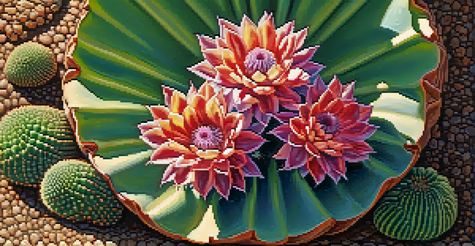 A close-up of a Peyote cactus surrounded by other plants and soil, with sunlight creating shadows.