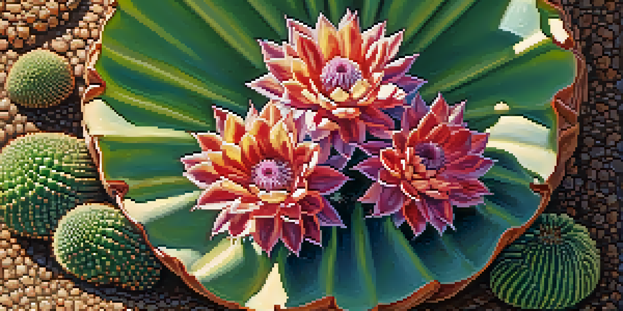 A close-up of a Peyote cactus surrounded by other plants and soil, with sunlight creating shadows.