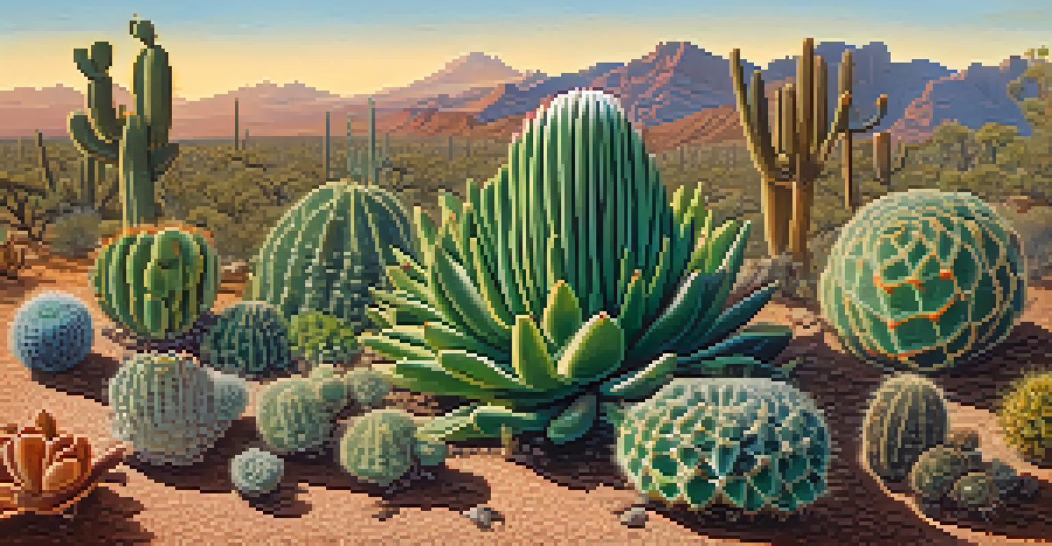 An illustration showing the lifecycle of peyote cactus from seedling to mature plant, surrounded by desert flora, emphasizing sustainability.