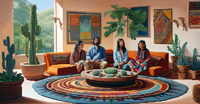An indoor gathering with people sitting on cushions around a peyote cactus, illuminated by soft light, creating a warm and inviting atmosphere.