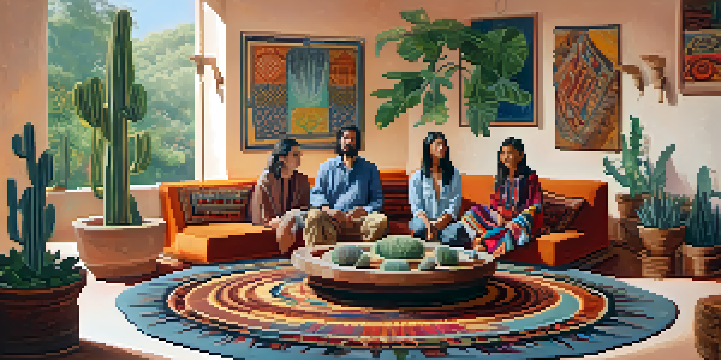 An indoor gathering with people sitting on cushions around a peyote cactus, illuminated by soft light, creating a warm and inviting atmosphere.