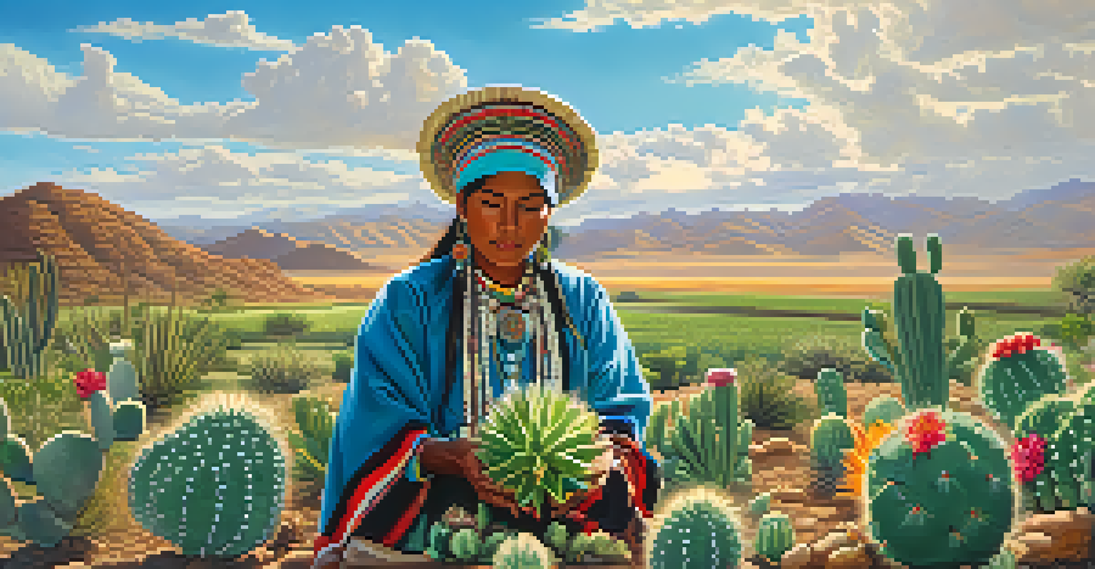 An Indigenous person harvesting peyote cacti in a vibrant green field under bright sunlight.