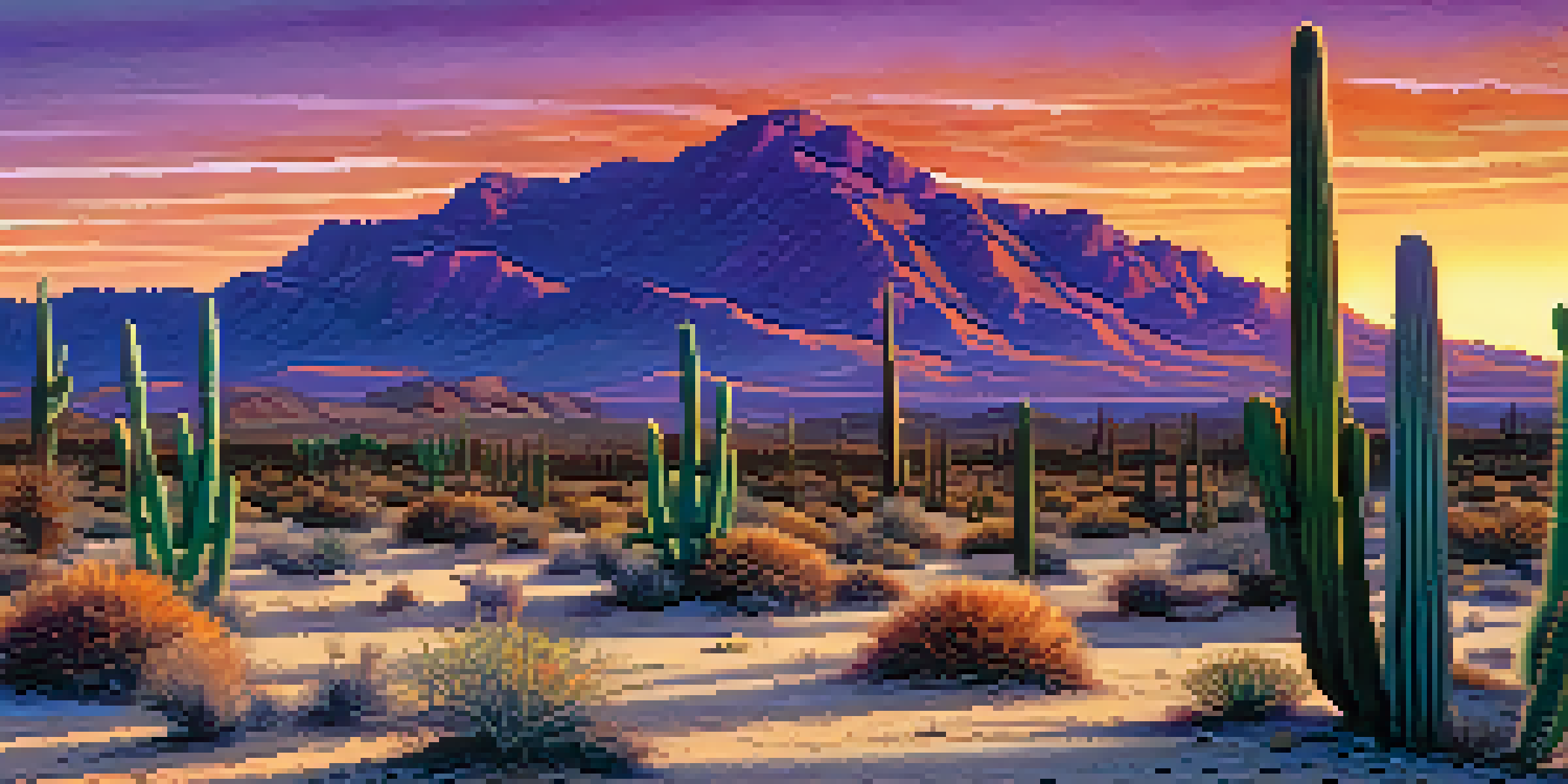 A tranquil desert scene with a small peyote cactus in the foreground and a vibrant sunset sky.