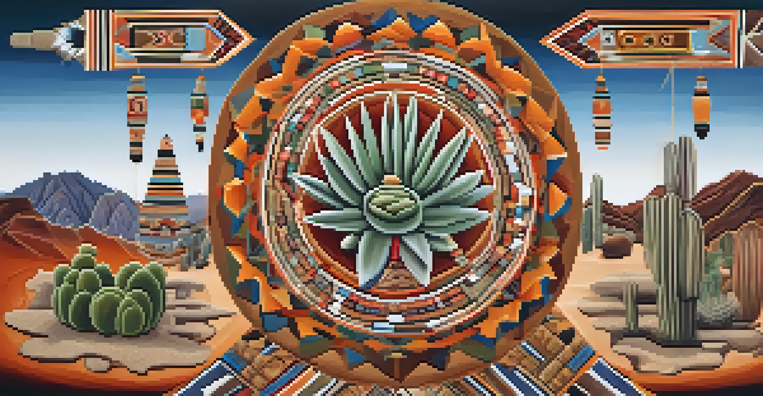 An artistic representation of peyote surrounded by traditional Indigenous art motifs, symbolizing cultural identity.