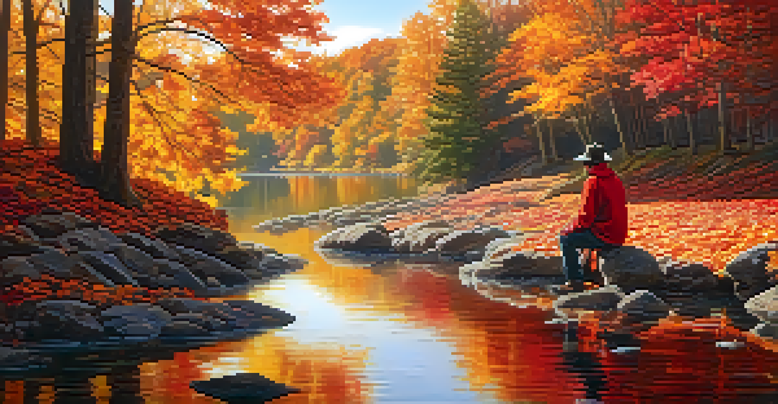An autumn landscape with colorful leaves, a person standing by a flowing river, and sunlight reflecting on the water's surface.