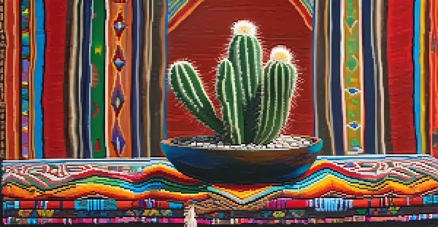 Close-up of a peyote cactus on a wooden altar surrounded by colorful textiles.
